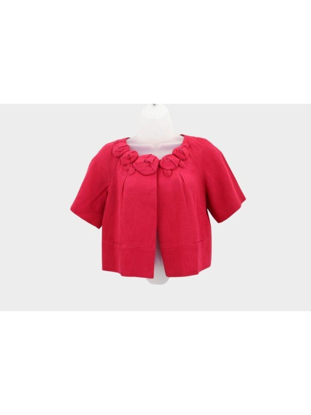 Rebecca Taylor Women's Size 2 Pink Rosette Neck Open Front Cropped Jacket Short